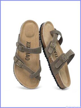 Suede Slide Sandals with Arch Support Cork Footbed Cross Straps